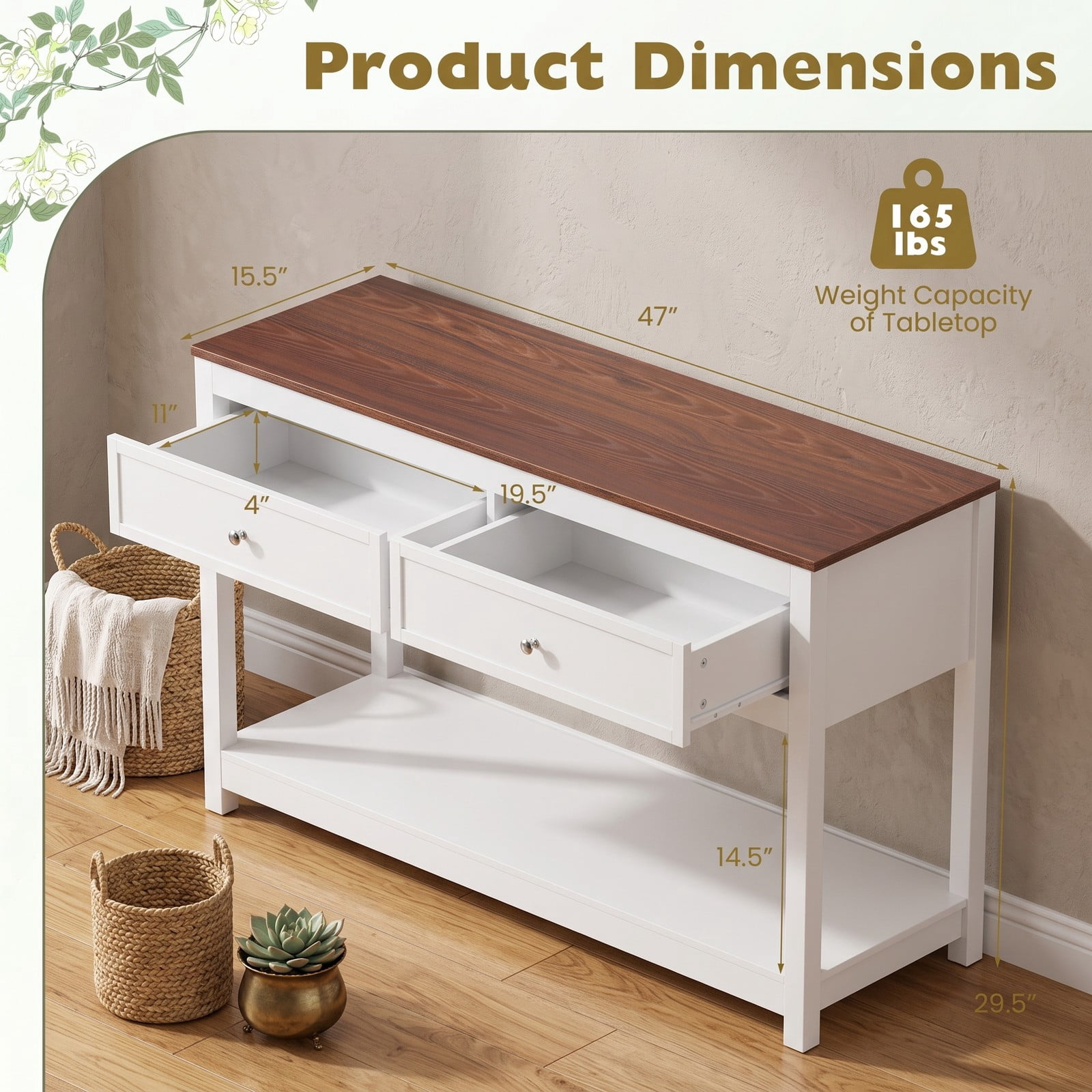 Furnibear Farmhouse Console Table with 2 Drawers and Open Storage Shelf and Two-Tone Wood Top for Entryway and Hallway, White