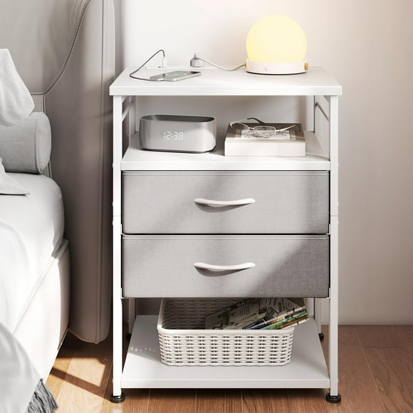 AODK Night Stand with Charging Station End Table for Bedroom Tall Nightstand with Drawers Small Nightstand for Bedroom 4-Tier Storage Bedside Table White and Light Grey