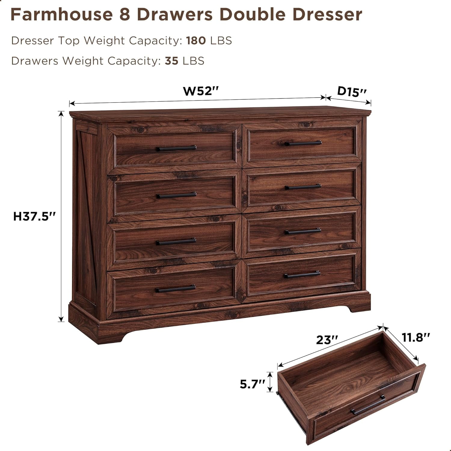 ACCOHOHO 8 Drawer Dressers Chests for Bedroom ,52"Wide Rustic Wood Chestof Drawers,Brown