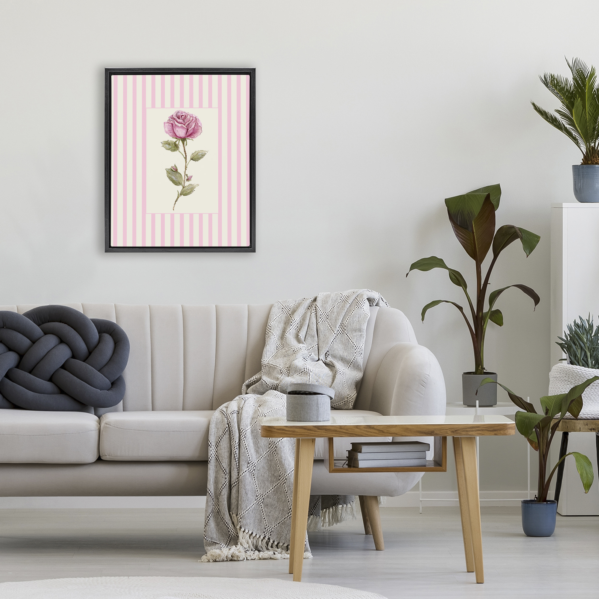 Pink Stripe Rose Black Framed Floater Canvas Wall Art, design by Lisa Wehmeyer