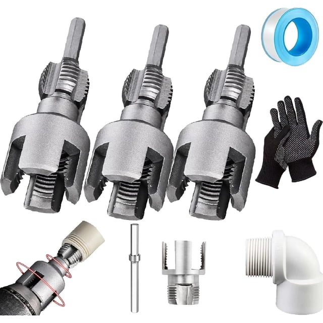 4 in 1 Water Pipe Wrench,Integrated Internal & External Pipe Threading Tool for 1/2'' & 3/4'' Pipes,Electric Drill Compatible PVC Threader
