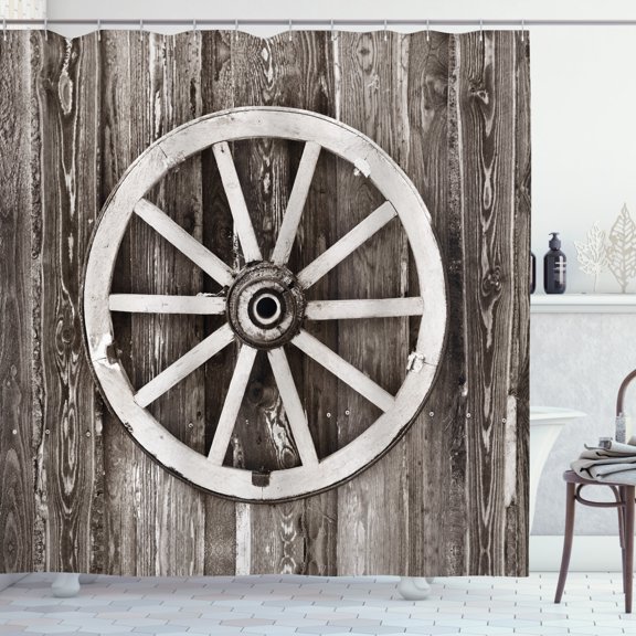 Ambesonne Wagon Wheel Shower Curtain, Timber Wall, 69"Wx75"L, Dark Brown and White