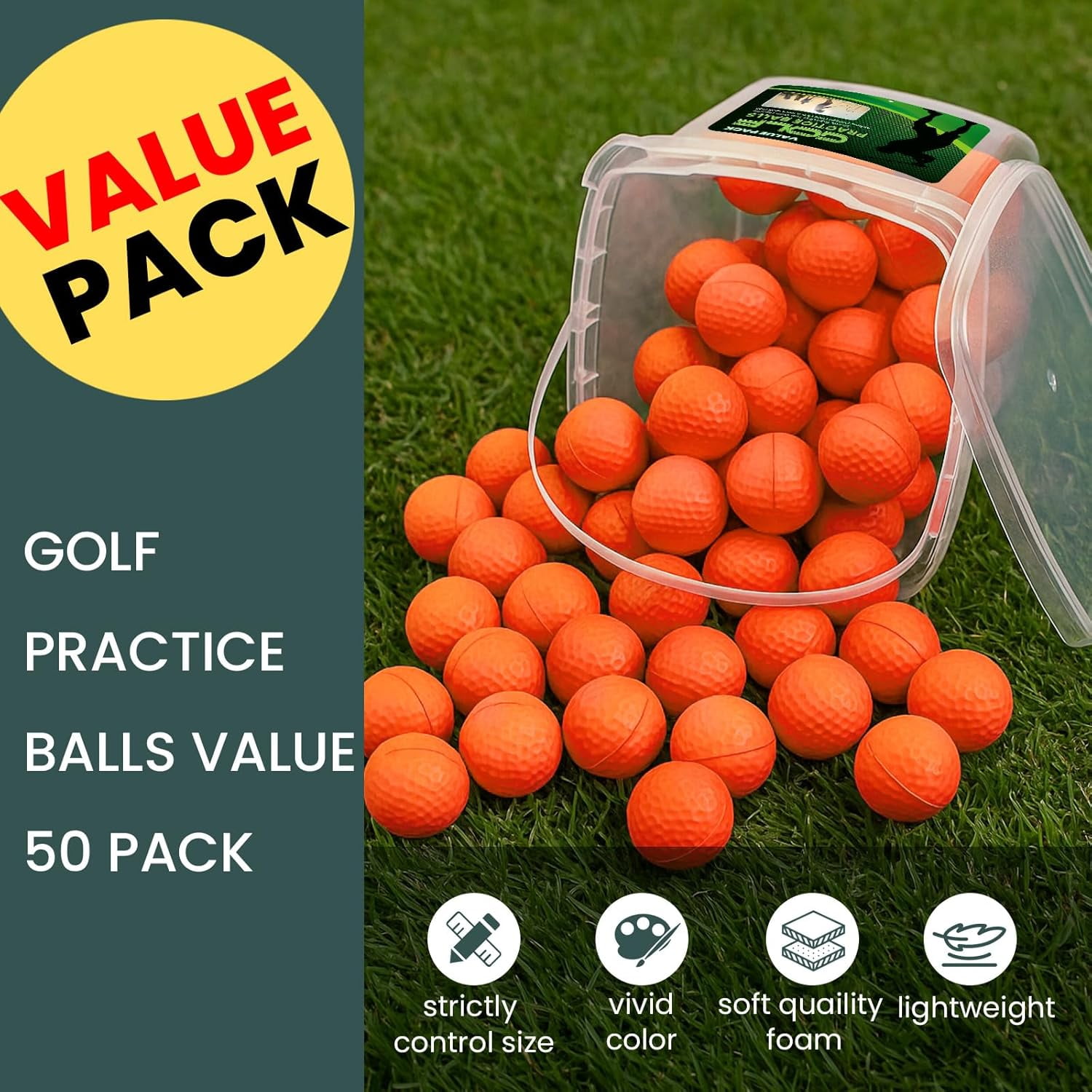FINGER TEN Golf Practice Balls with Bucket Value 50 Pack, Soft Foam with Limited Flight for Safe Practice