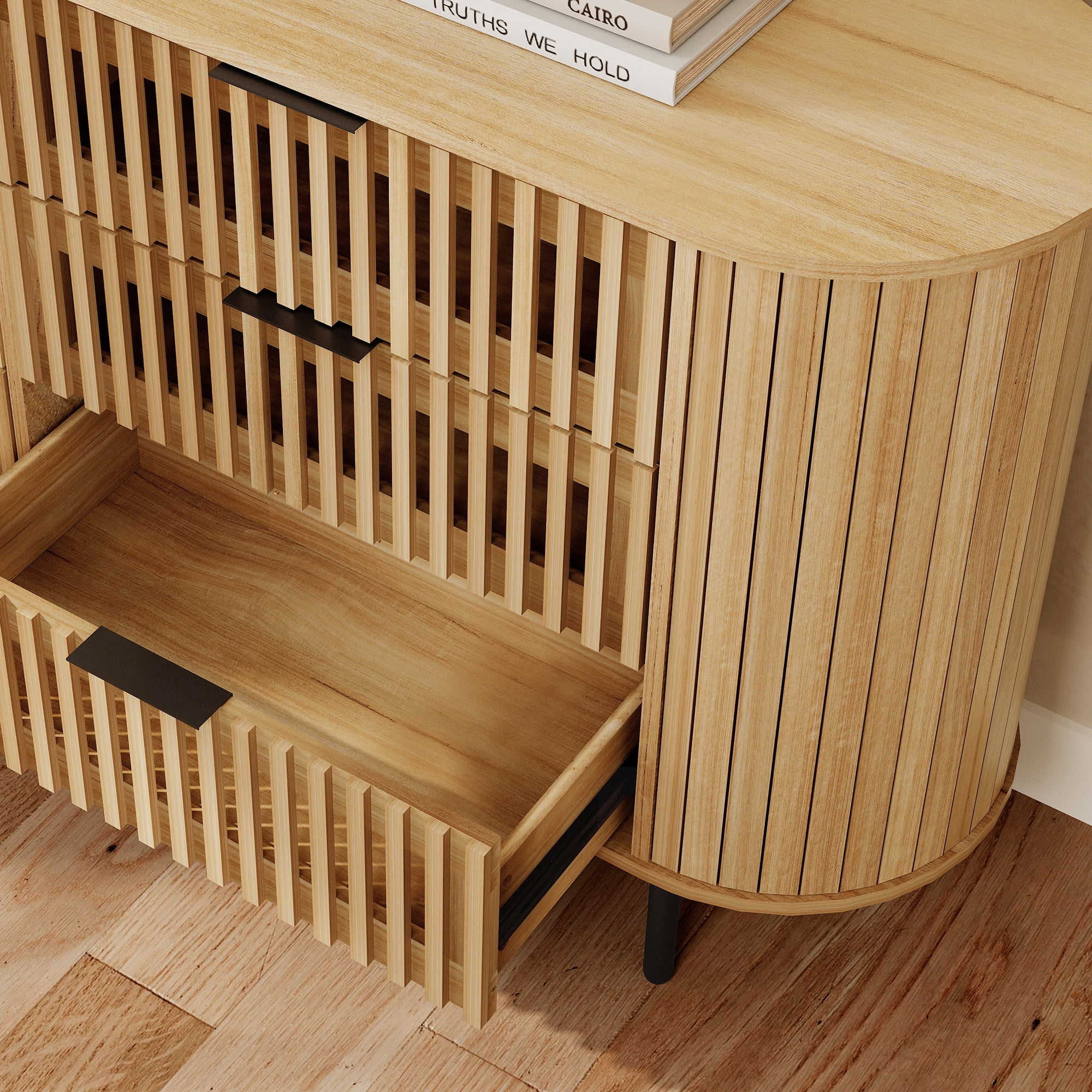 WAMPAT Modern 6 Drawer Dresser, Fluted Tall Wood Chest of Drawers for Bedroom, Living Room, Oak