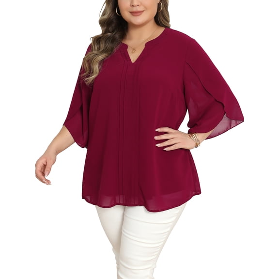 Agnes Orinda Women's Plus Size Chiffon Tops Notch V Neck 3/4 Tulip Sleeve Pleated Front Dressy Casual Summer Blouses 1X Burgundy