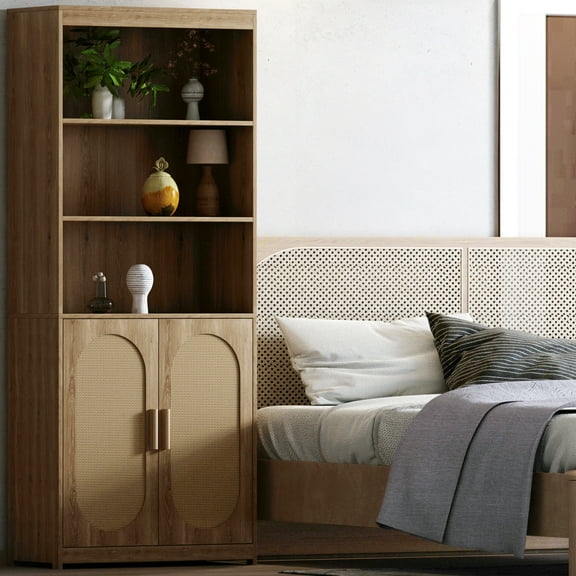 Zimtown Rattan 5-Shelf Bookcase with Doors, 3 Tier Open Bookshelf with Storage Cabinet, Home Decor Furniture for Home Office, Living Room, Bedroom