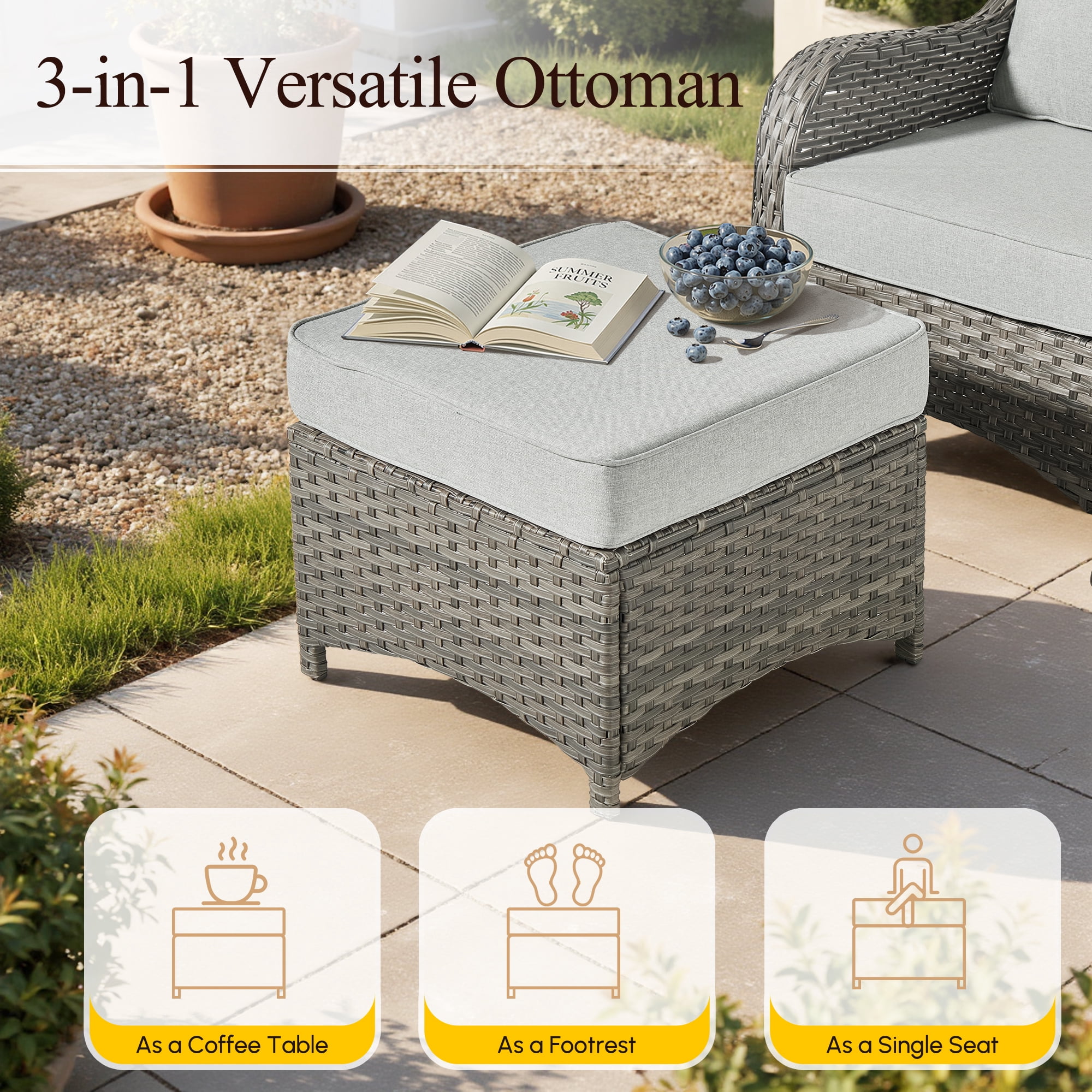 Vcatnet 6 Pieces Outdoor Patio Furniture Wicker High-Back Conversation Set with Swivel Rocking Chairs and Ottoman, Gray