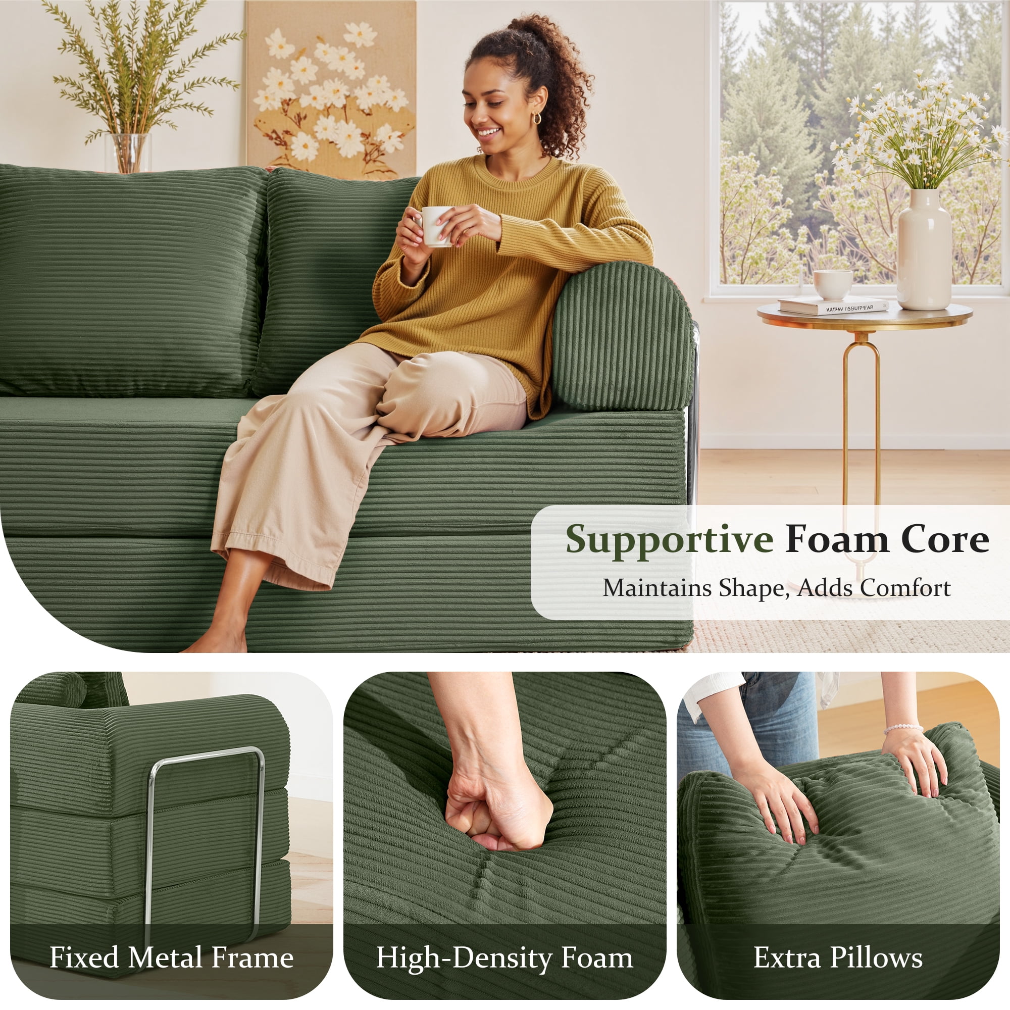 COOLHUT 63" W Convertible Sofa Bed, Foam Floor Sofa, Folding Sleeper Sofa Couch Bed with Six Frame, High Rebound Density Sofa, Corduroy Sofa Couch Bed for Living Room, Bedroom, Oliver Green
