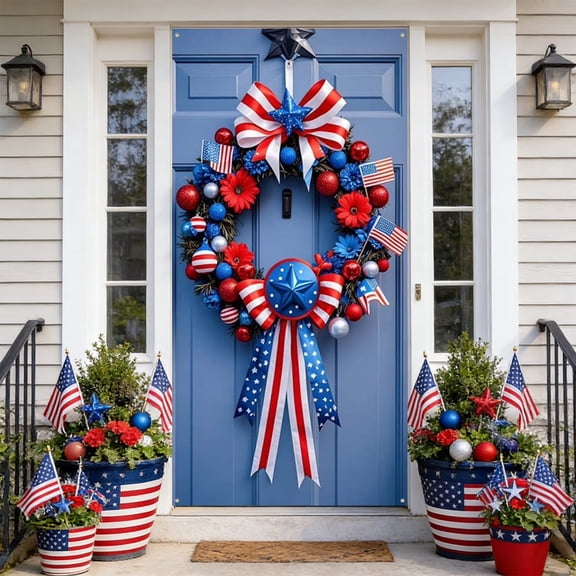 4th of July Door Cover Decoration,250 Anniversary Patriotic Door Cover,Red Blue and White American Flag Bow Door Banner,Veterans Day Memorial Day Decor,Independence Day Party Supplies(2D, 35x70 inch)