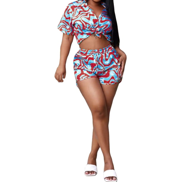 VISgogo, traje de 2 uds con pantalones para mujer, blusa con botones de solapa de manga corta estampada, pantalones cortos ajustados de cintura alta, ropa encantadora para mujer VISgogo moda