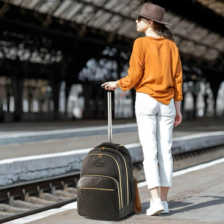 Rolling Backpack Carry On Luggage For Adults With Wheels 40L Wheeled Backpack For Women Travel Roller Backpack Rolling Bag Black Gold Walmart