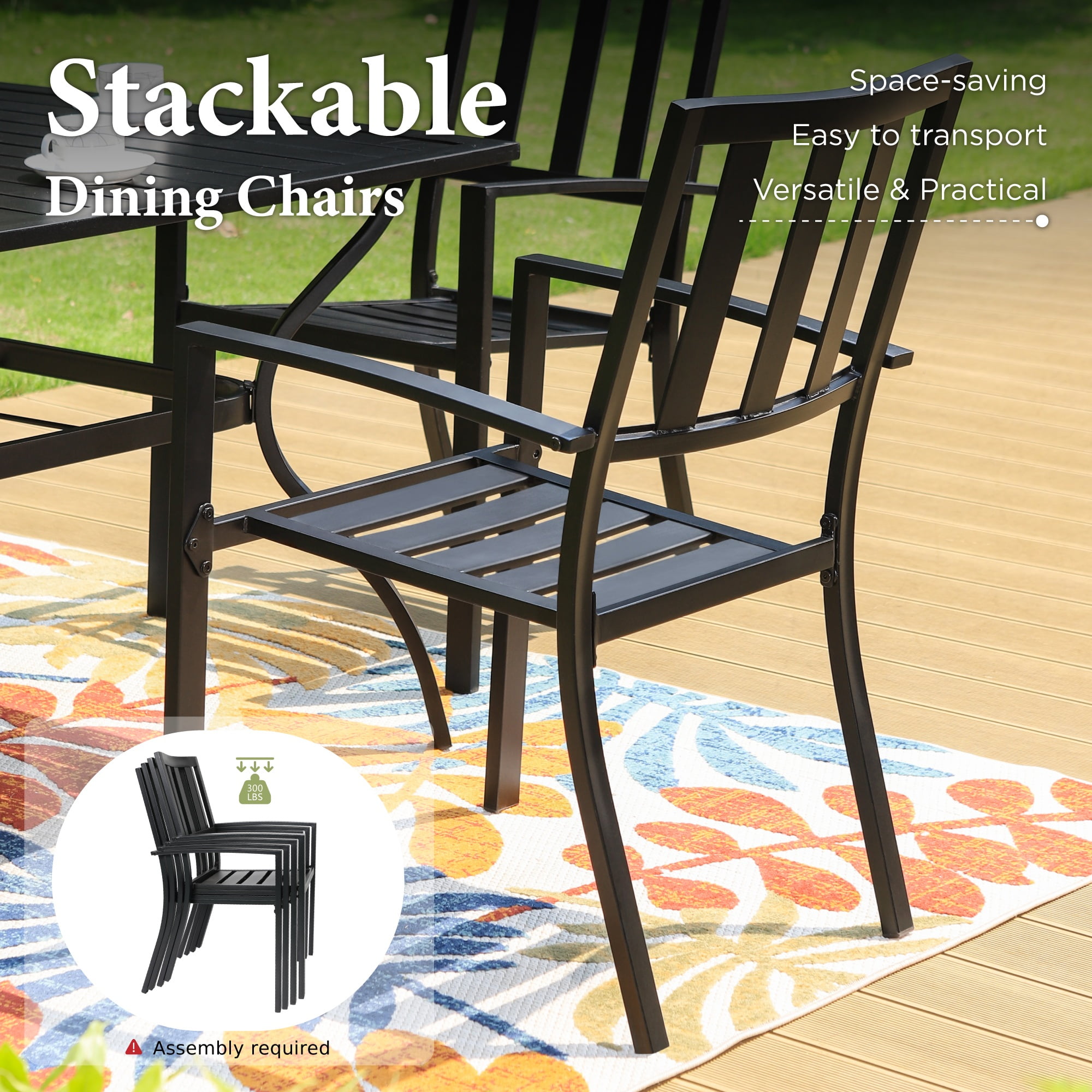SUMMIT LIVING 5-Piece Patio Dining Set with Stackable Chairs & Square Table for 4-Person, All-Weather Metal Steel, Black