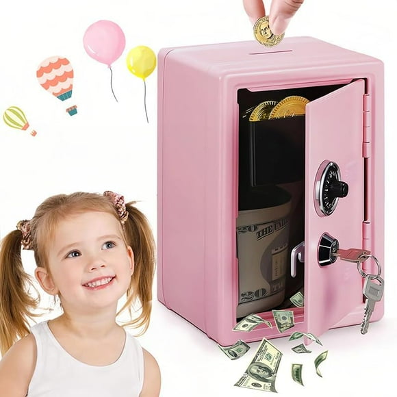 Kids Piggy Bank, Mini Locker Small Safe Storage Box Money Safe Bank with Combination Lock and Key for Boy Girl (Pink)
