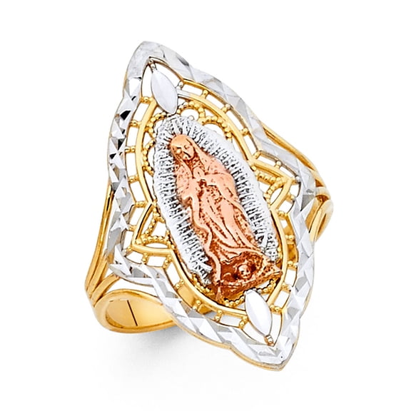 Big Lady Guadalupe Ring 14k Yellow White Rose Gold Virgin Mary Band Diamond Cut Tri Color 27MM, Size 7