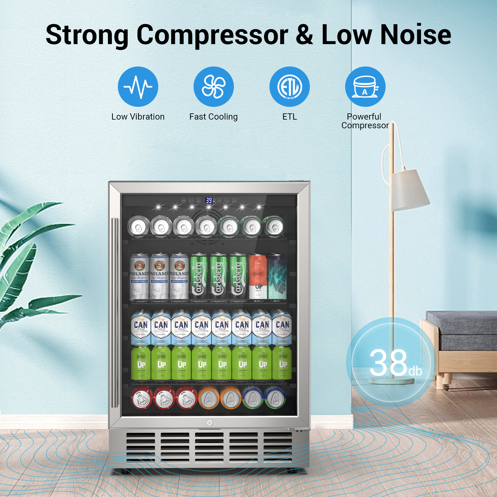 Friwest 24 Inch Beverage Refrigerator Cooler,190 Cans Wide Beverage and Beer Fridge with Glass Door and Powerful Cooling Compressor