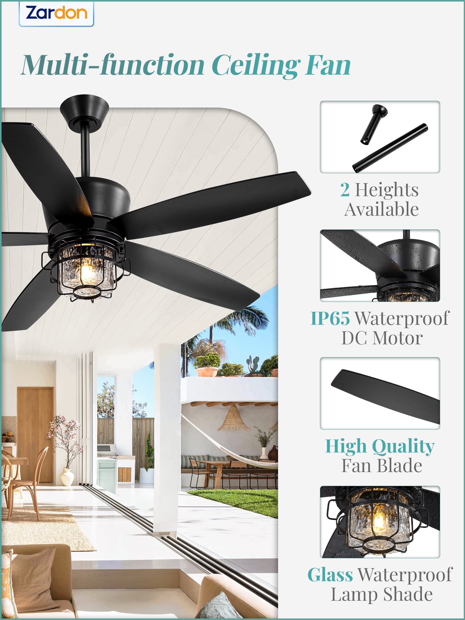 Zardon 52" Gazebo Fan for Patio, Outdoor Ceiling Fan with LED Light and Remote, Farmhouse IP65 Waterproof for Porch, Quiet DC Motor and 6 Speeds, Black