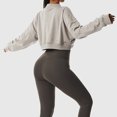thumbnail image 4 of Sudadera recortada para mujer, jersey, puños acanalados, cuello en V, hombros caídos, color puro, Top corto de manga larga para deportes, gris S, 4 of 6