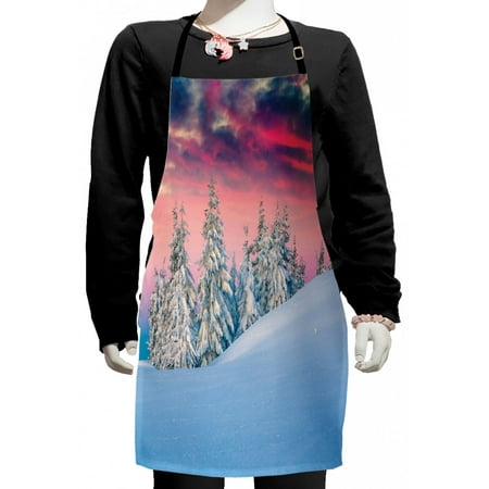 

Winter Kids Apron Idyllic Scenery in Snow Covered Serene Mountains Pine Tree Forest Majestic Sky Boys Girls Apron Bib with Adjustable Ties for Cooking Baking Painting Pink Blue Cream by Ambesonne