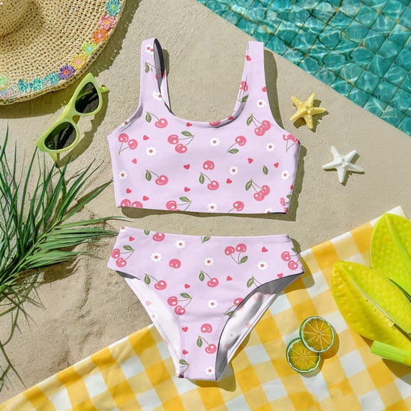 CCRFTGI Girls Swimsuit Size 7-8 2 Piece Set Swim Vacation Bathing Suit Beach Vacation Fruit Print Bikini Set Summer Cute Girls Clothes Swimsuits Swimwear Light pink 9-10 Years