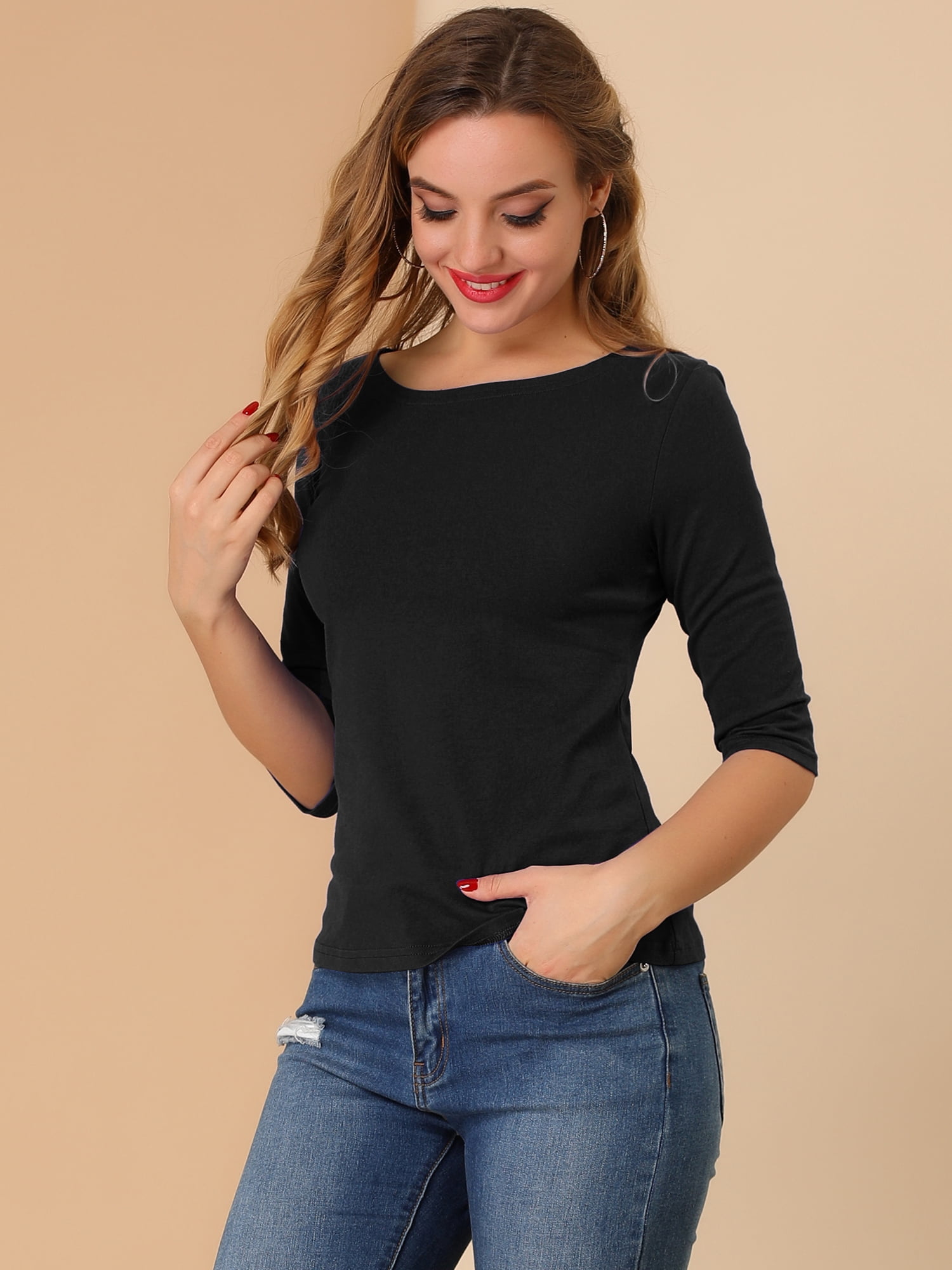 DARING DIVA Women's Elbow Sleeves Boat Neck Slim Fit Classic Tee M Black