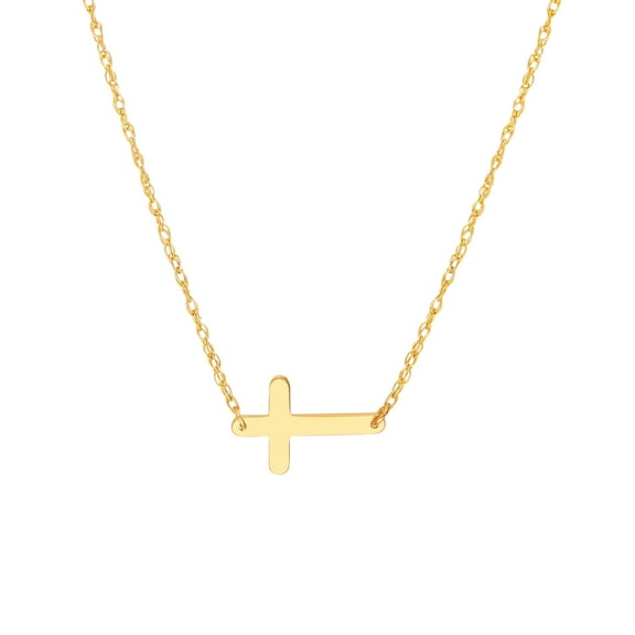 Honey Crush Real 14K Yellow Gold Polished Mini Sideways Cross Necklace (10.2x6.7mm, 16-18in)