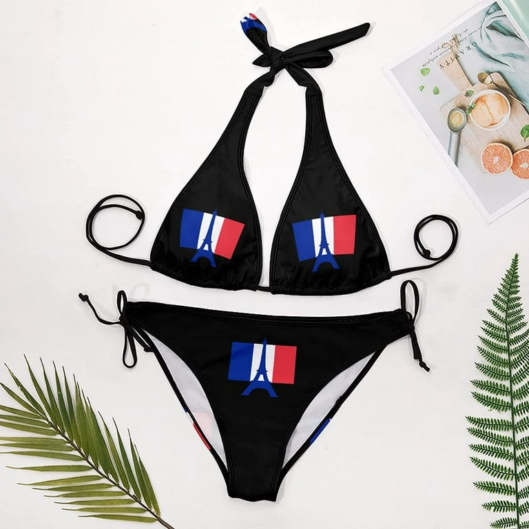 France Flag Women's Two Piece Bikini Sets Halter String Tie Side