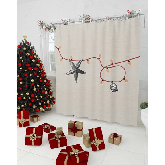 Coastal Starfish Christmas Shower Curtain, Xmas Red Nautical Beach Rustic Waterproof Washable Boho Funny Cute Shower Curtains Set for Bathroom Farmhouse Bathtubs Decor with Hook, 36"Wx72"L