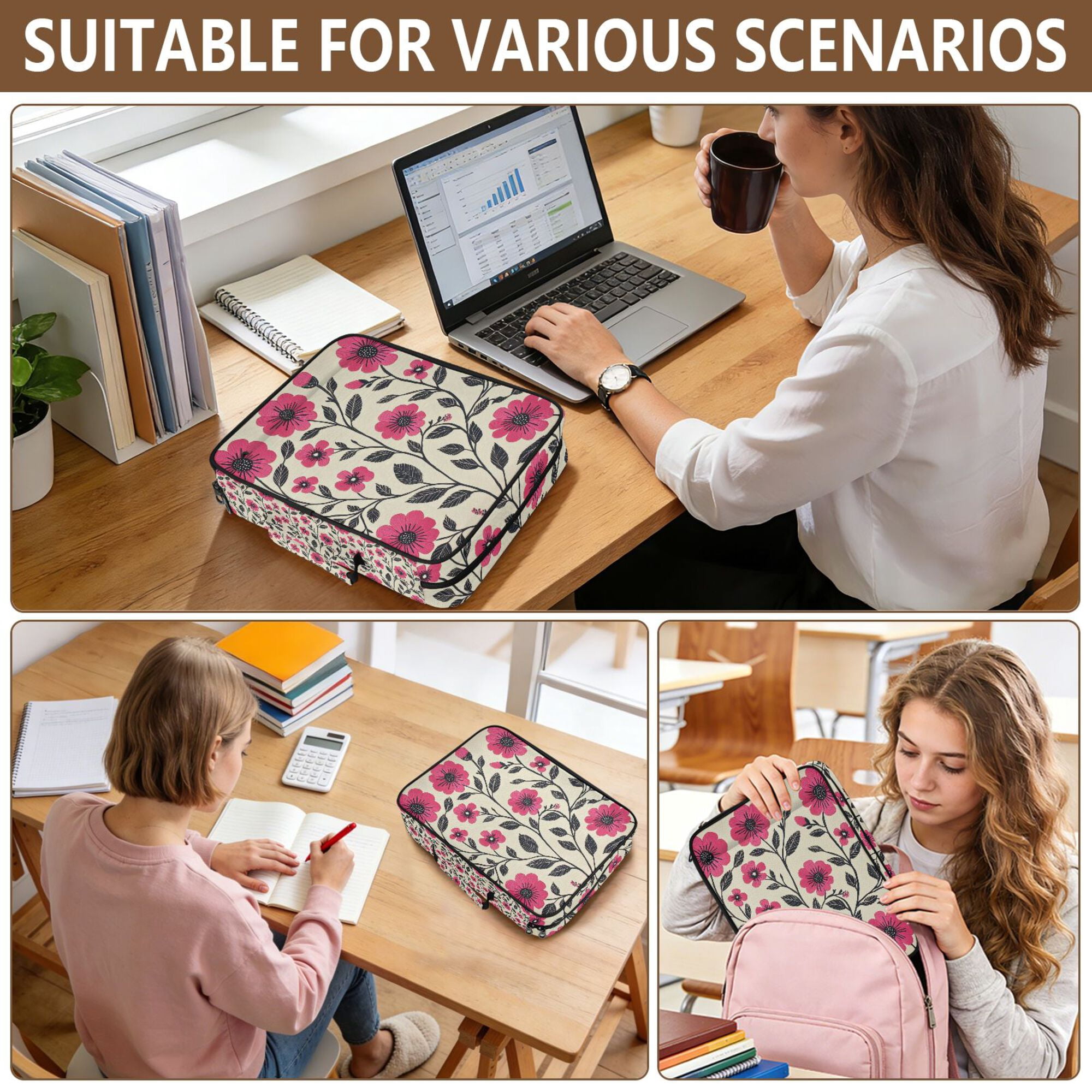 FORMRS Accordion File Folder A4 Size 7-Pocket Expanding Document Organizer Bag with 3 Ring Binder, Pink Flowers