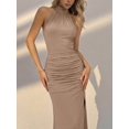 thumbnail image 4 of Khaki Backless Halter Maxi Dress With Ruched Waist And Tie Neck, 4 of 4