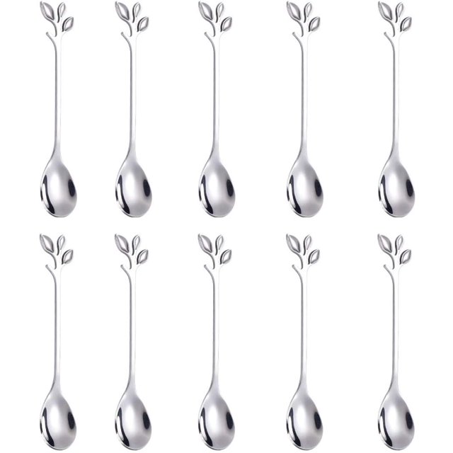 10 Pcs Stainless Steel Silver Leaf Creative Appetizer Cake Fruit Forks Set 4.7 Inches Tasting Dessert Forks Kitchen Accessory Wedding Party (Silver-10Forks)