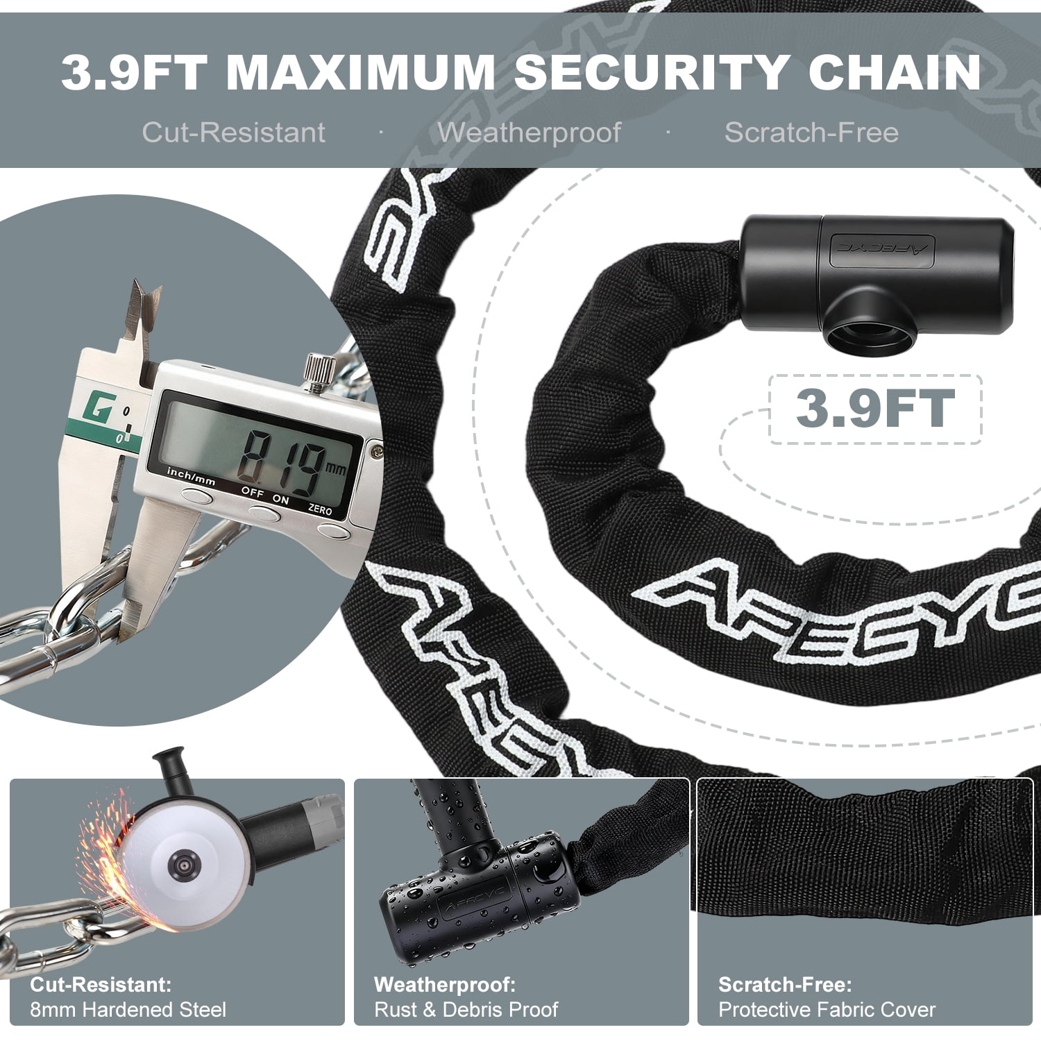 Apecyc 3.9FT Heavy Duty Bike Chain Lock, 8mm Security Bicycle Lock with Auto-Shutter & 2 Keys for Motorcycle, Gates, Sheds