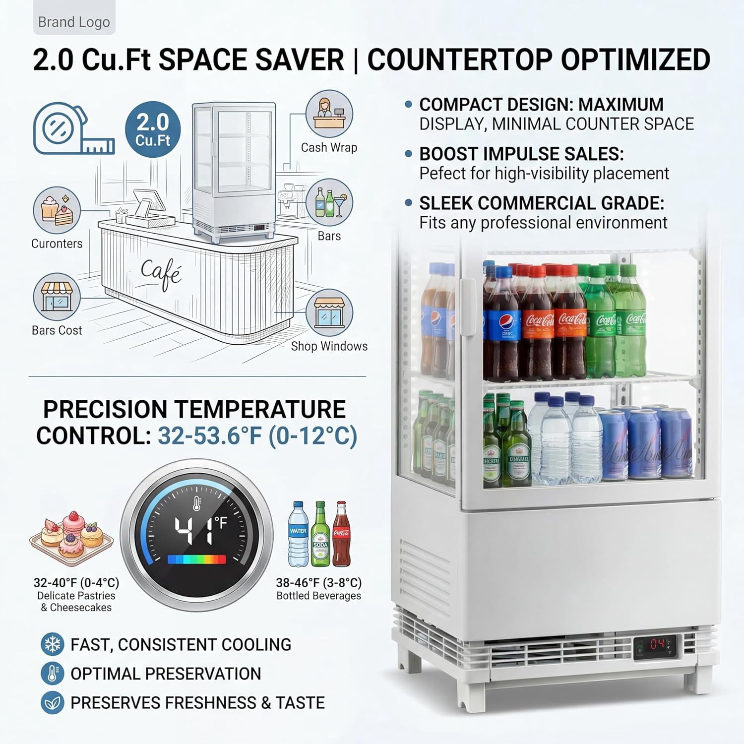IdealHouse Commercial Countertop Display Refrigerator, 2.0 Cu.Ft Pastry Display Case with LED Lighting, Air Cooling, Rear Sliding Doors, Adjustable Shelves, Auto Defrost for Bakery, Cafe