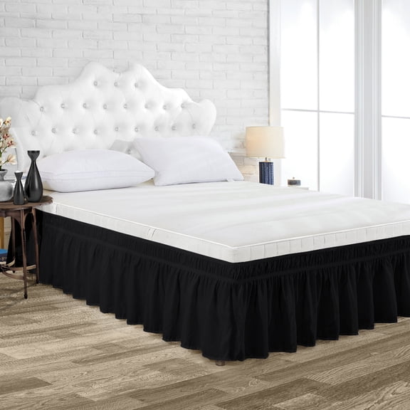 Full XL Size Tailored Drop Wrap Around Solid Bed Skirt with Adjustable Elastic Belt Microfiber Fabric Fade & Wrinkle Resistant Bed Frame Cover Easy to Fit & Care (26 Inch Drop, Black)