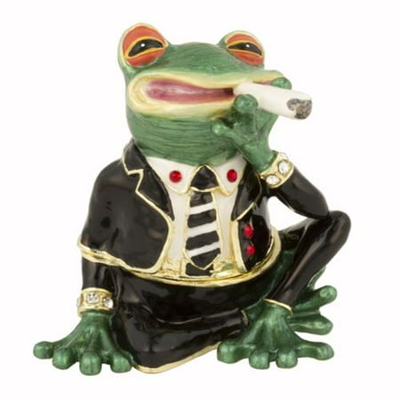 Bejeweled Frog - Luxury Giftware by Jere Frog with Smoke Austrian Crystal Trinket Box with Pendant