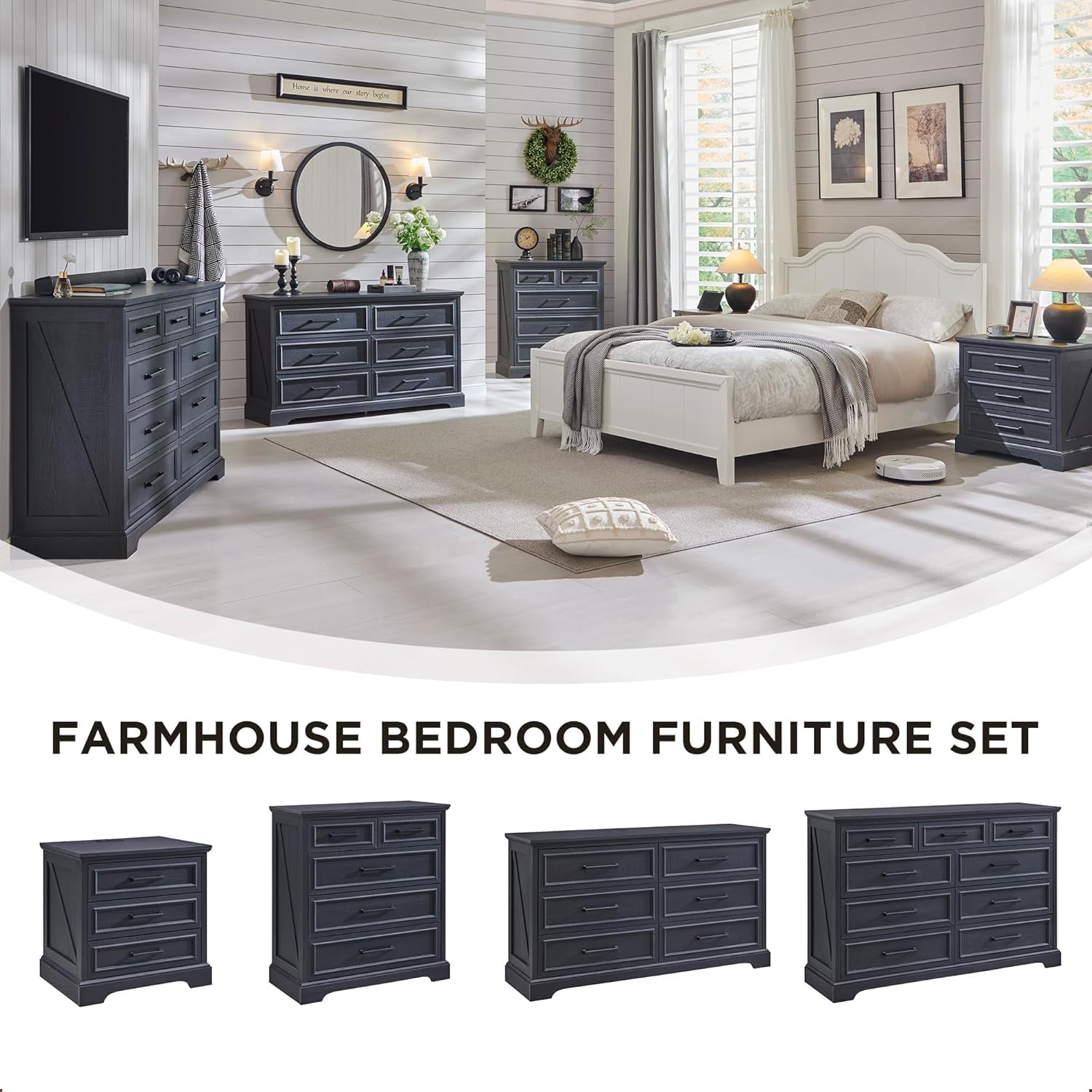 ACCOHOHO Farmhouse 9 Drawers Dresser, Rustic Wood Dresser Chest of Drawers for Bedroom, TV Stand with Large Drawers for Living Room, Black