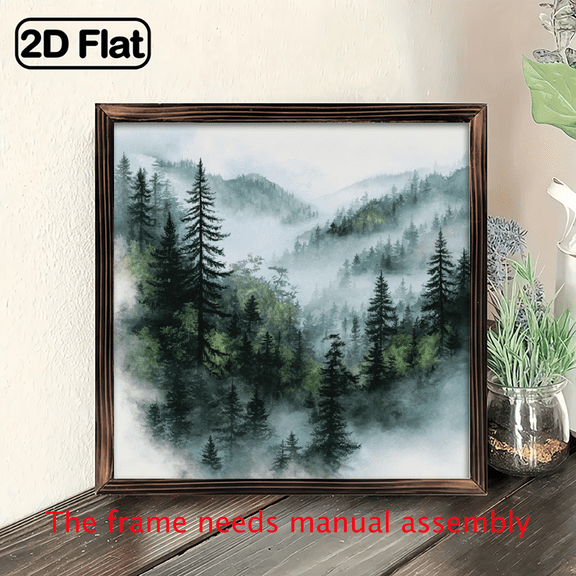 1pc Vintage Farmhouse Style Wooden Frame Wall Art Forest in the Mist with Pine Trees and Mountains Painting, Modern and Green Nature Scenery Art, Suitable for Cottage, Porch, Living Room