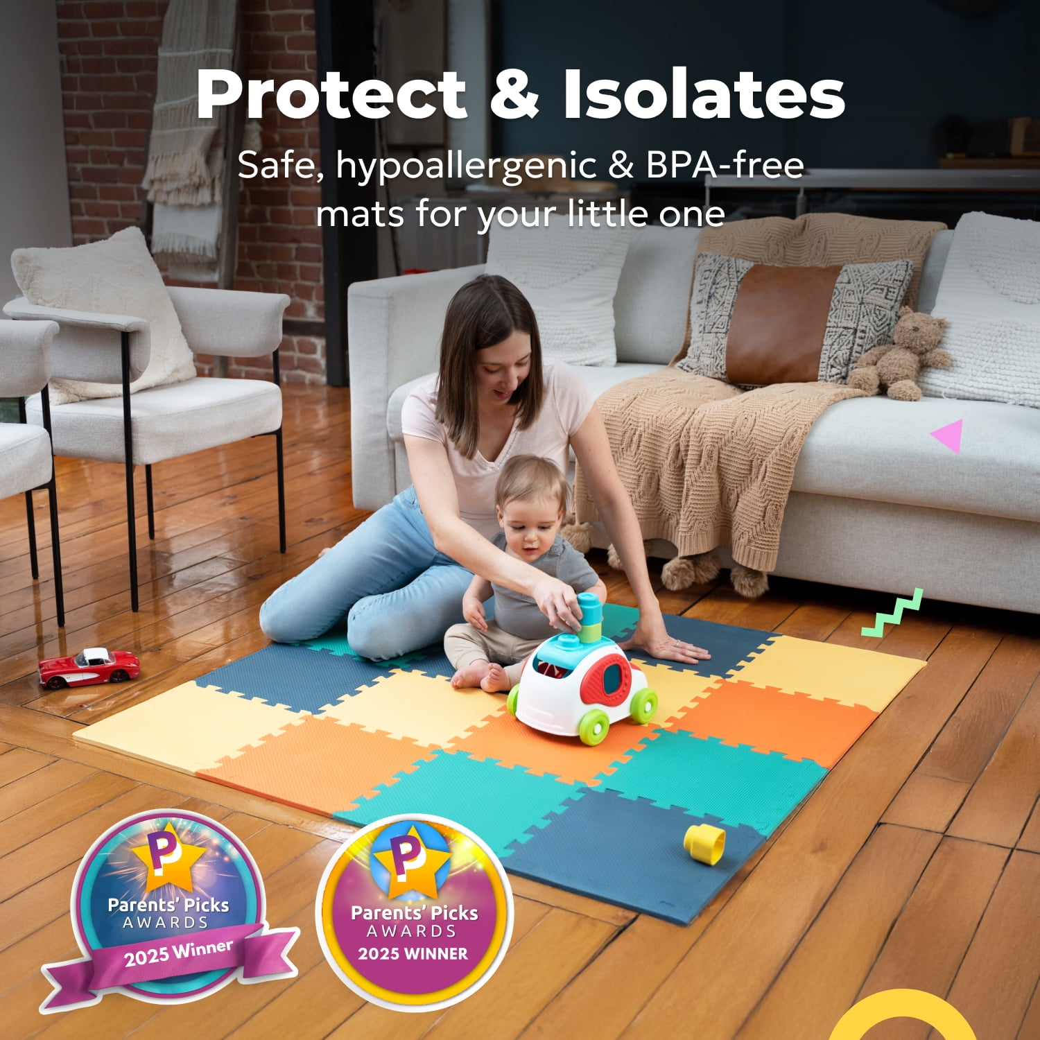 MioTetto Non-Toxic Foam Play Mat for Babies & Kids, Interlocking Puzzle Tiles, Cobalt-Apricot-Pine-Gold, 18 Pieces – Perfect for Tummy Time, Crawling, Nursery, Playroom, or Gym