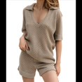 thumbnail image 3 of Traje de Baño de Crochet para Mujer, Conjunto de Playa de Verano con Cuello en V, Camisetas de Corta de Punto, Conjunto Corto de 2 Piezas. Caqui M, 3 of 8
