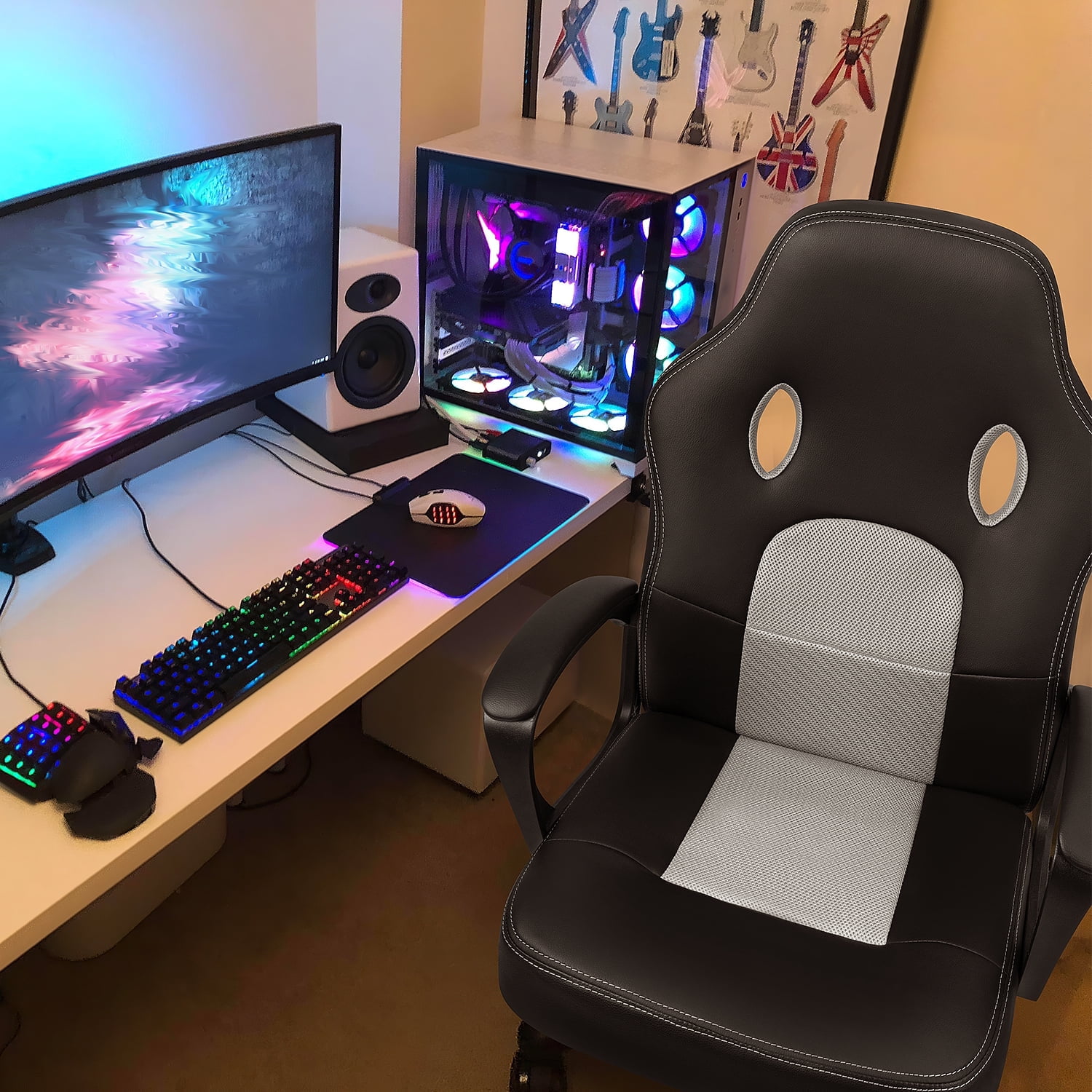 Lacoo Mid Back Gaming Chair Ergonomic PU Leather Computer Gaming Chair Office Chair with Armrests, White