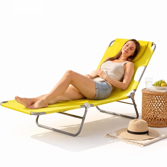 Folding Beach Lounge Chair with 5-Position Adjustable Backrest, Face Down Tanning Hole and Shoulder Strap, Yellow