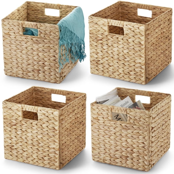 Water Hyacinth Storage Baskets (Set of 6) Woven Hyacinth Organizer with Carrying Handles, Laundry Basket for Organizing, Rattan Bin for Shelves