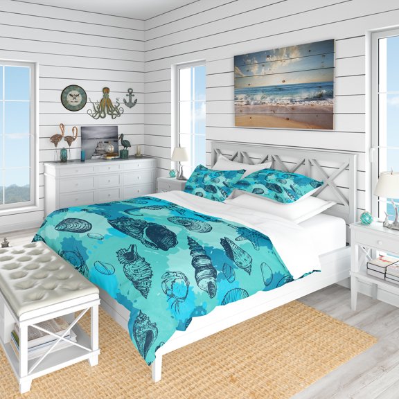 Designart 'Pattern with Line Drawing Shells' Nautical & Coastal Duvet Cover Set
