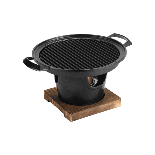 Korean Stainless Steel Charcoal Barbecue Grill in black, featuring a compact tabletop design with a non-stick grill surface and dual side handles. The grill is supported by a sturdy wooden base and is suitable for indoor and outdoor use. Made of aluminum, solid wood, and stainless steel, it is ideal for grilling meats, vegetables, and more. Perfect for home kitchens, outdoor gardens, picnics, and camping.