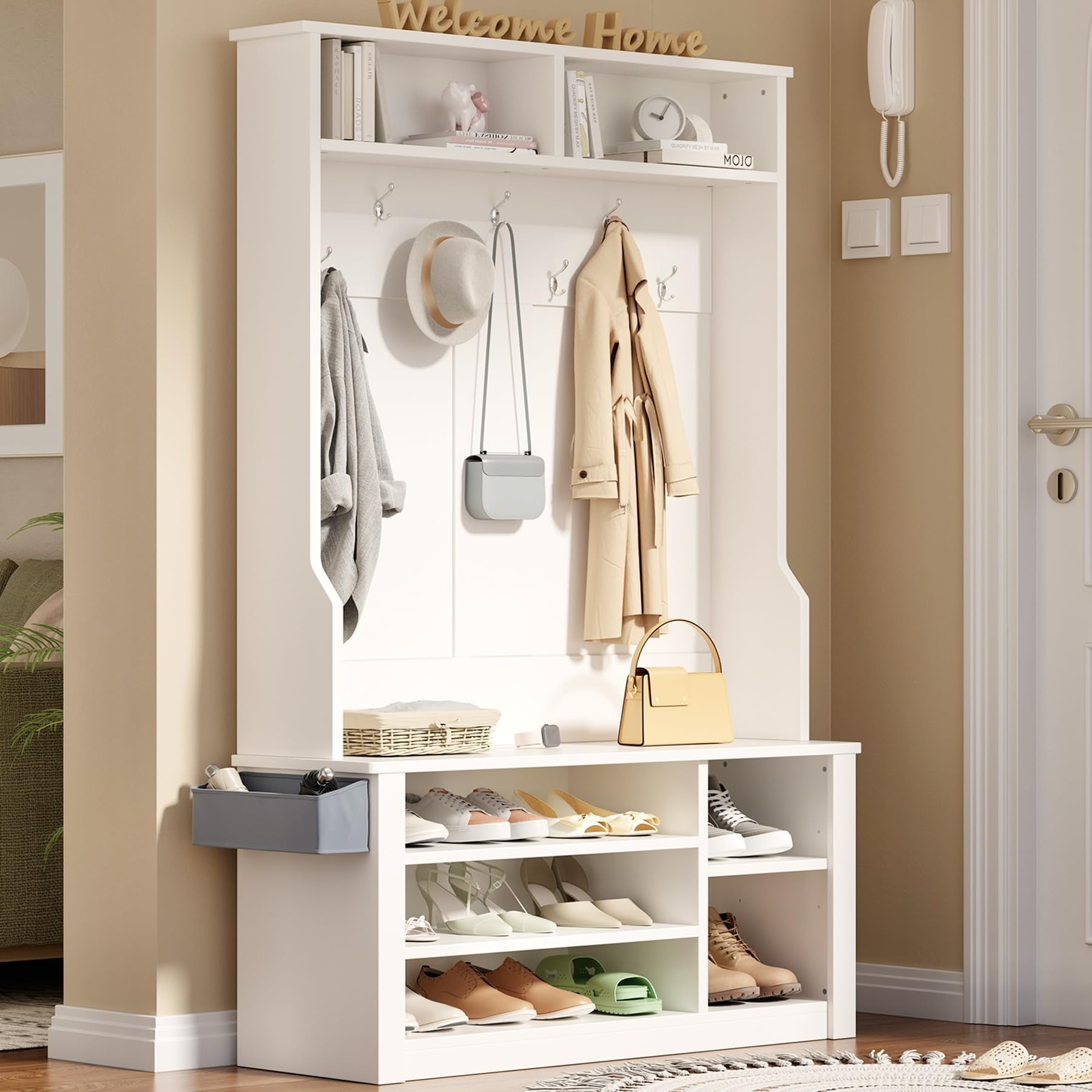 Shoe Organizer DWVO Farmhouse Hall Tree, Entryway Bench With Coat