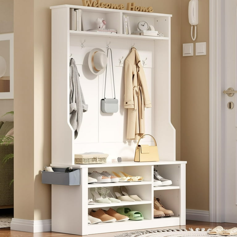 Lofka 5-in-1 Hall Tree with Bench, Shoe Storage, Coat Rack, Free