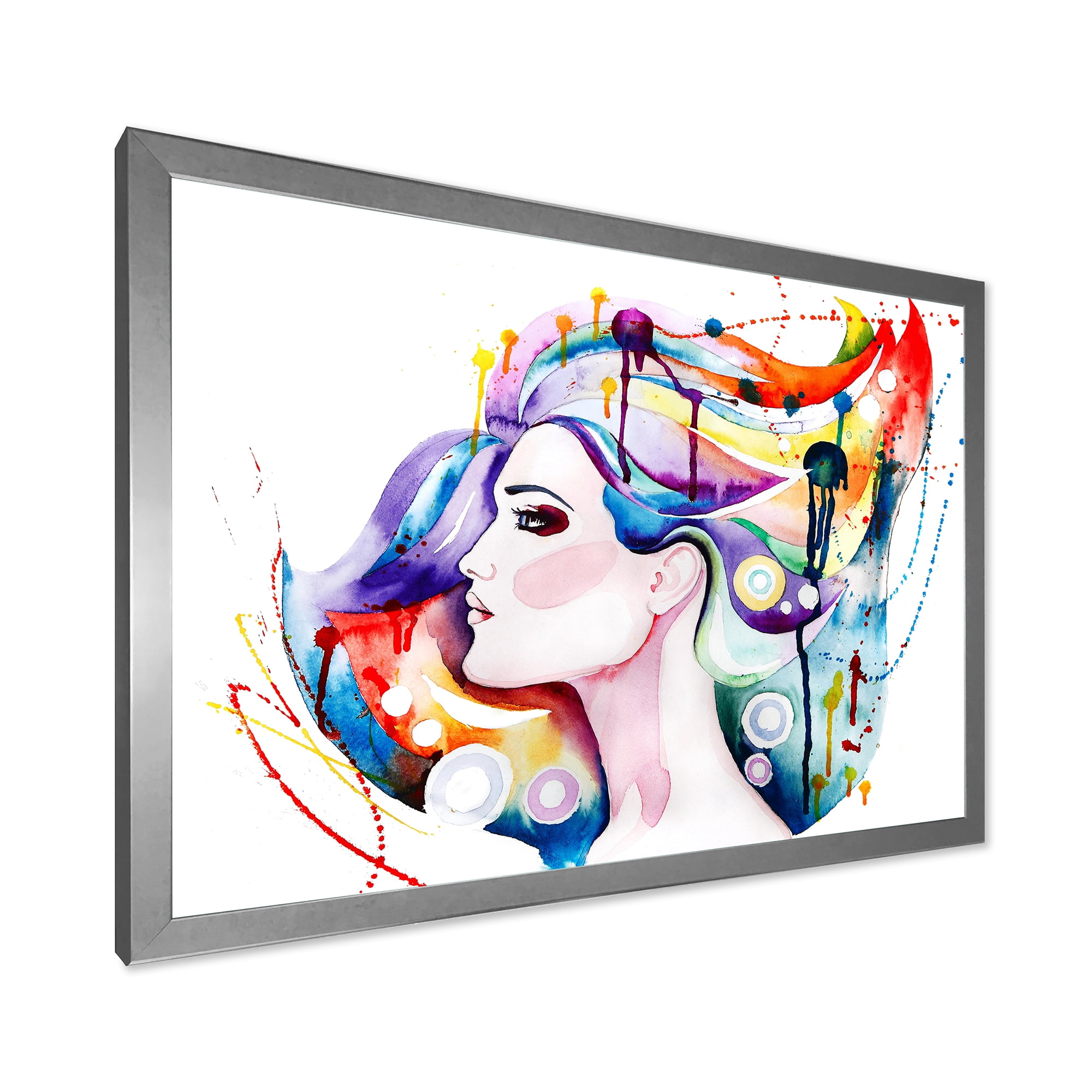 Designart 'Beautiful Young Woman With Colorful Hair' Traditional Framed Art Print