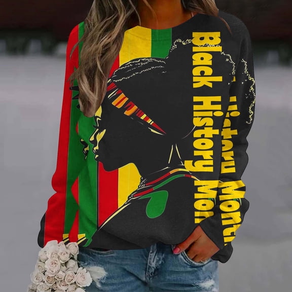 Jjayotai Black Women Pride Black History Month African Black Sweatshirt, Long Sleeve Round Neck Plus Size Pullover Tops, Suit for Parade Multicolor L
