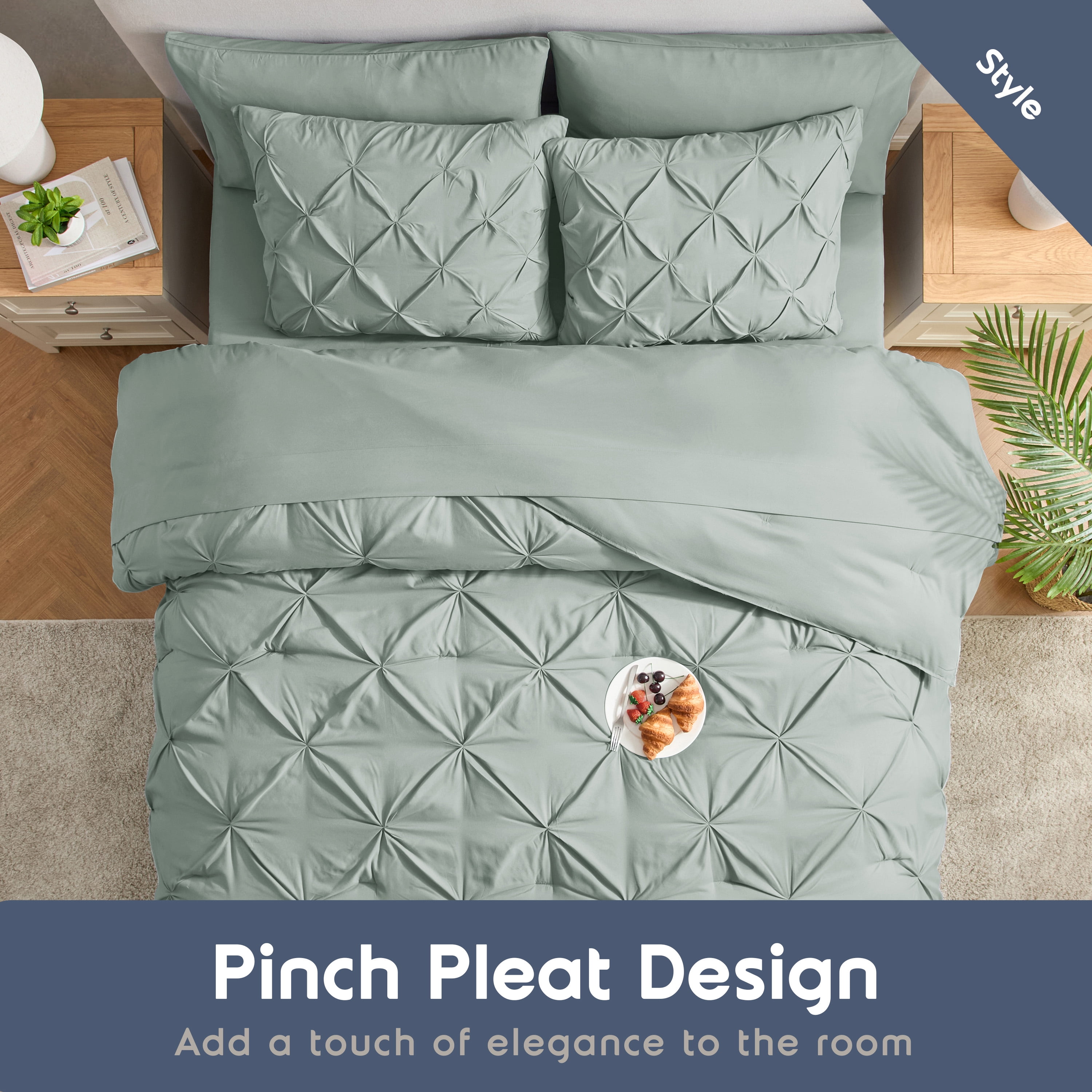 LammaLoe Twin Comforter Sets, 5 Piece Bed In A Bag Pintuck Bedding Sets, Sage Green