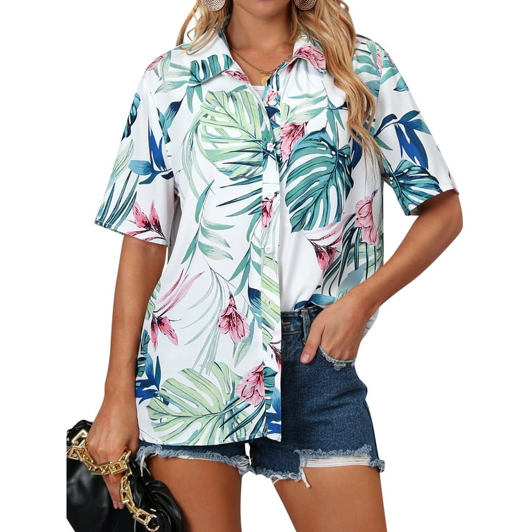 ZXSXSY Womens Hawaiian Floral Print Button-Up Short Sleeve