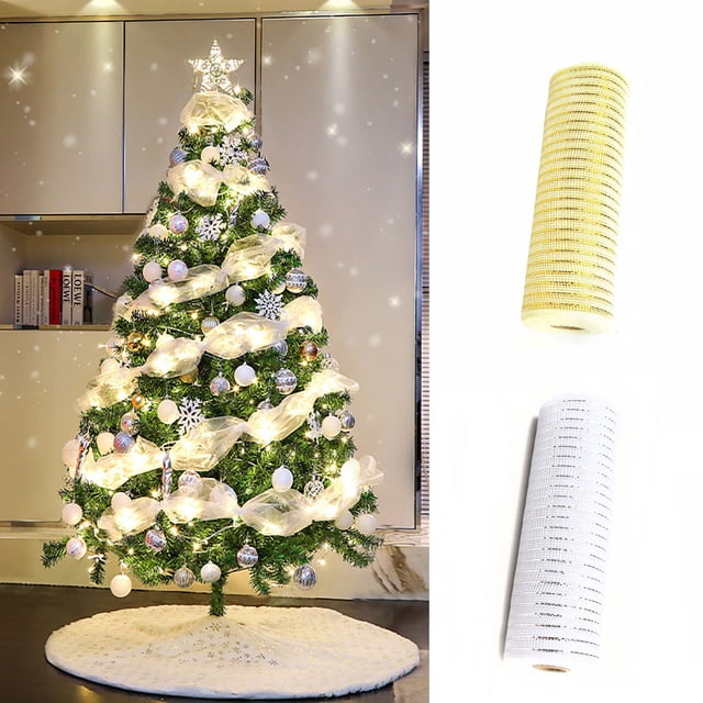 Fiudx Cinta de Malla Navideña, Opciones de Color Blanco y Dorado, Material Flexible, Perfecta para Manualidades, Decoración Del Hogar, Coronas, Decoraciones para Fiestas Navideñas, Rollo de 6 X 30 Pi